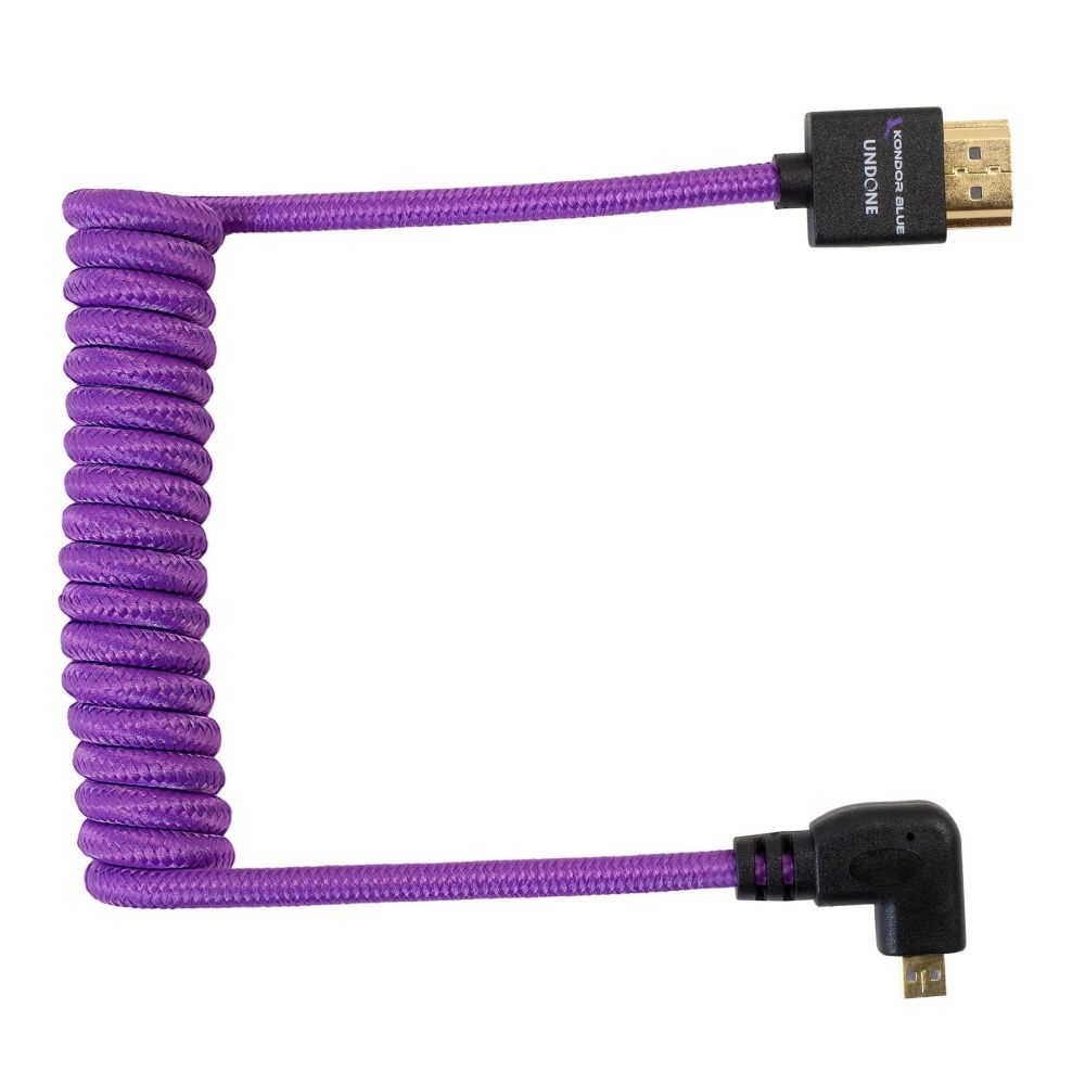 Kondor Blue Gerald Undone Full HDMI naar haakse micro-HDMI-kabel 12"-24" gekruld (paars) - linkerhoek (Sony/Fuji)